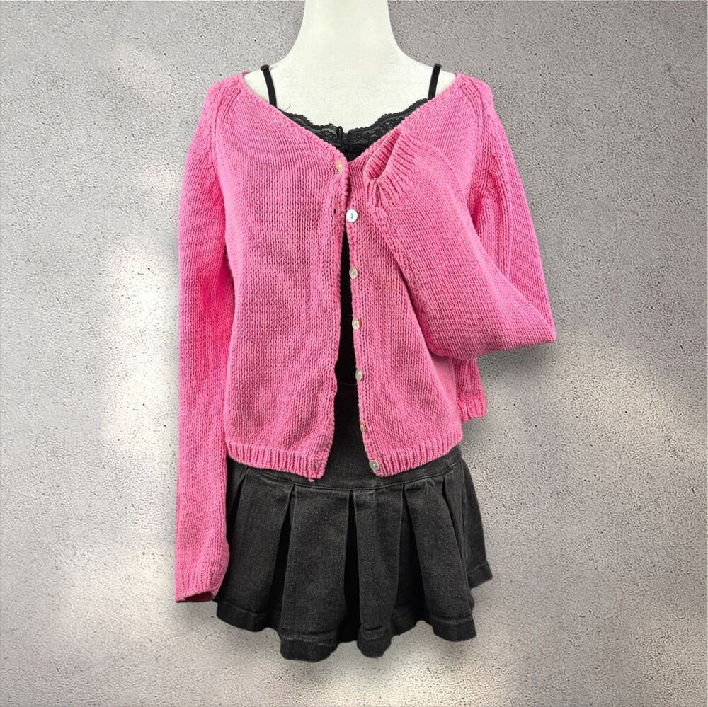 VTG Pierre Cardin Knit Cardigan Women's XL Pink Crop Linen Coquette Preppy Y2K